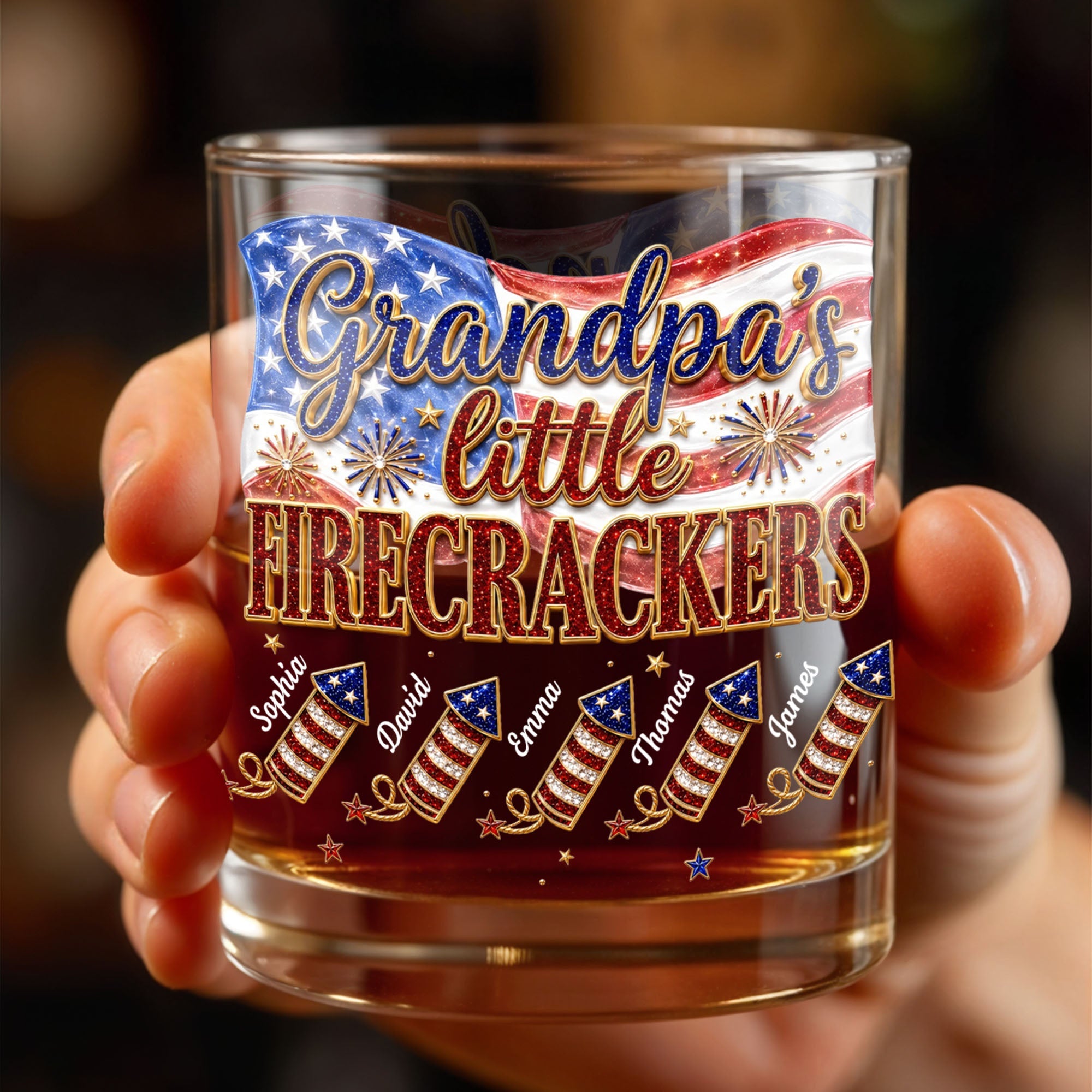 Grandpa's Little Firecrackers Patriotic American Flag And Fireworks - Personalized Custom Whiskey Glass - GRP066_RWG