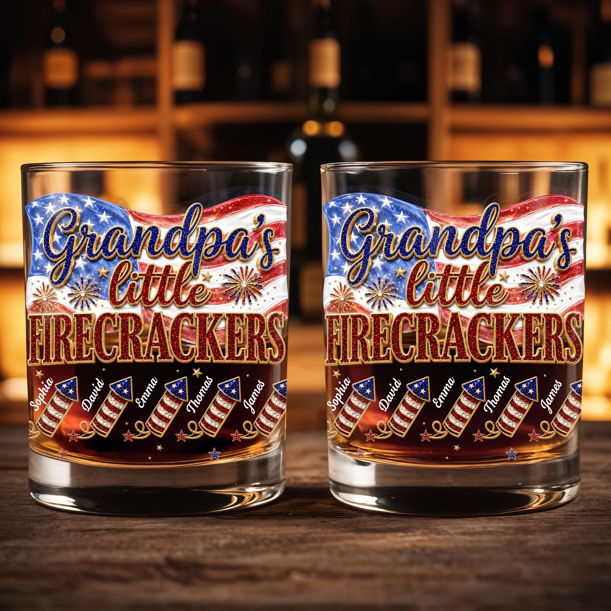 Grandpa's Little Firecrackers Patriotic American Flag And Fireworks - Personalized Custom Whiskey Glass - GRP066_RWG