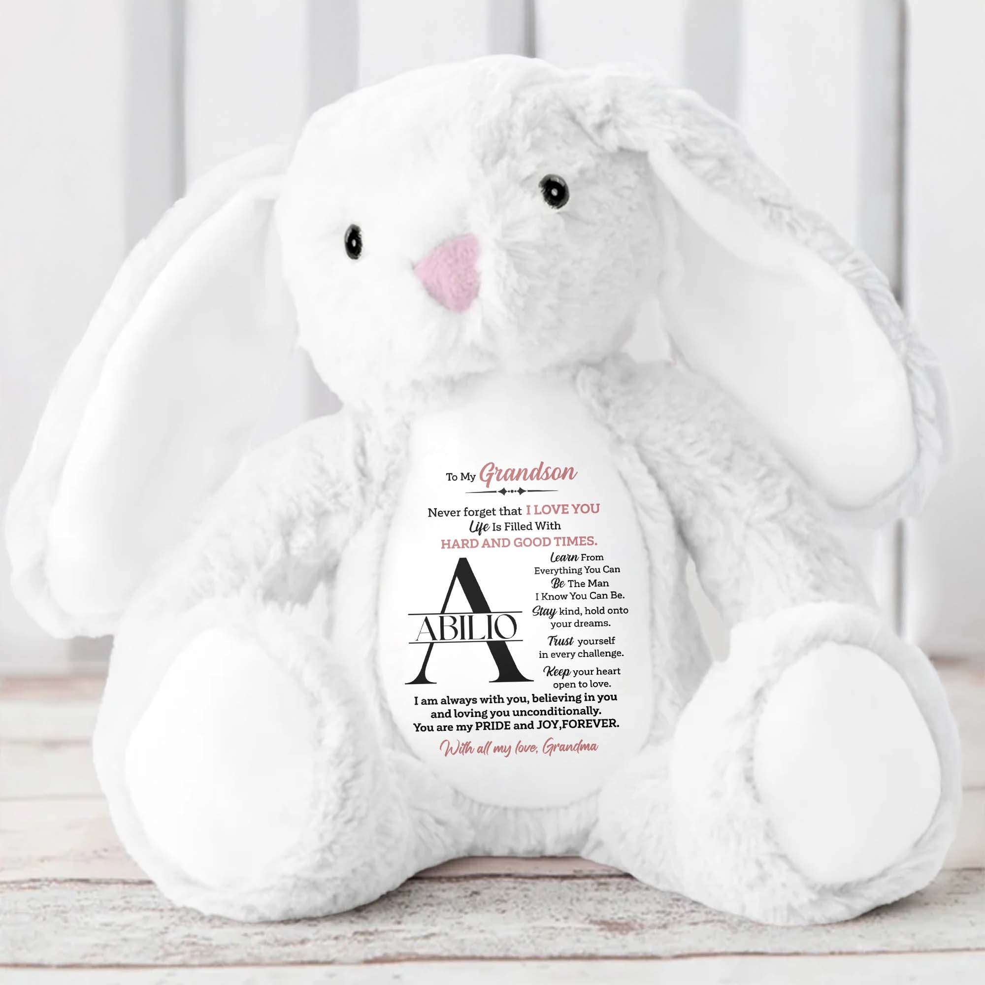 To My Grandson, Never forget that I LOVE YOU, Stuffed Bunny - Personalized Stuffed Bunny - GSN002_BUN