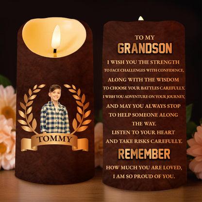 Grandson Strength, Wisdom, and Adventure LED Candle - Personalized Custom LED Candle - GSN006_LECA