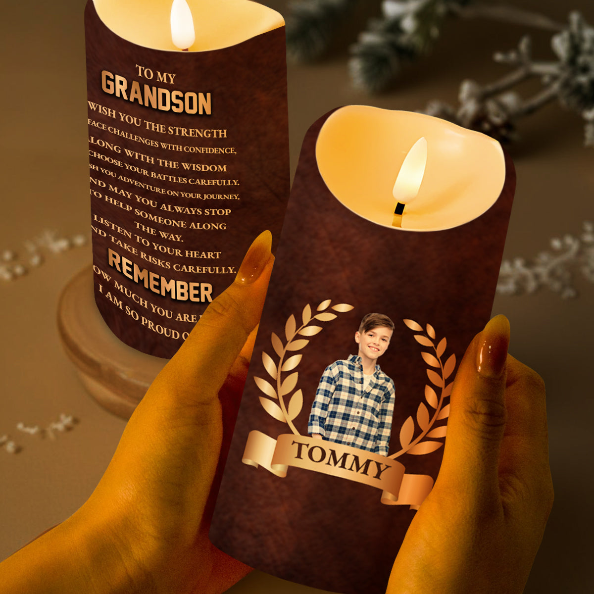 Grandson Strength, Wisdom, and Adventure LED Candle - Personalized Custom LED Candle - GSN006_LECA