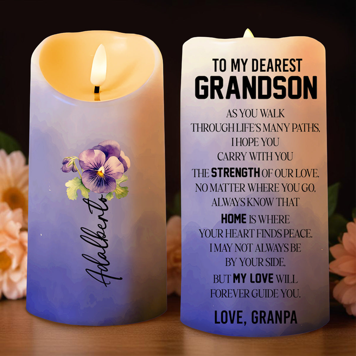 To My Dearest Grandson, Home Is Where The Heart Finds Peace - Personalized Custom LED Candle - GSN008_LECA