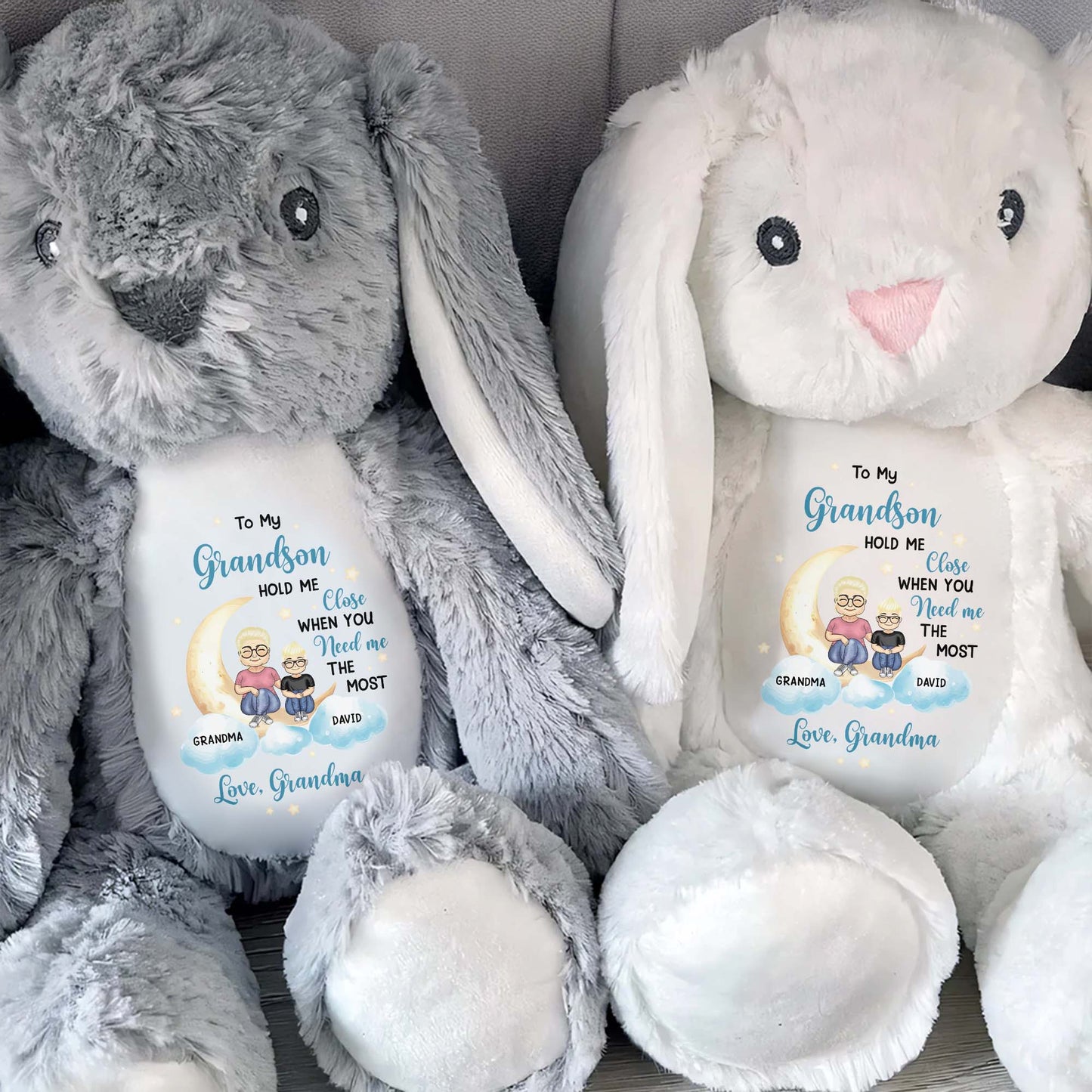 To My Grandson, Hold Me Close When You Need Me The Most, Bunny, Moon, and Stars - Personalized Stuffed Bunny - GSN037_BUN