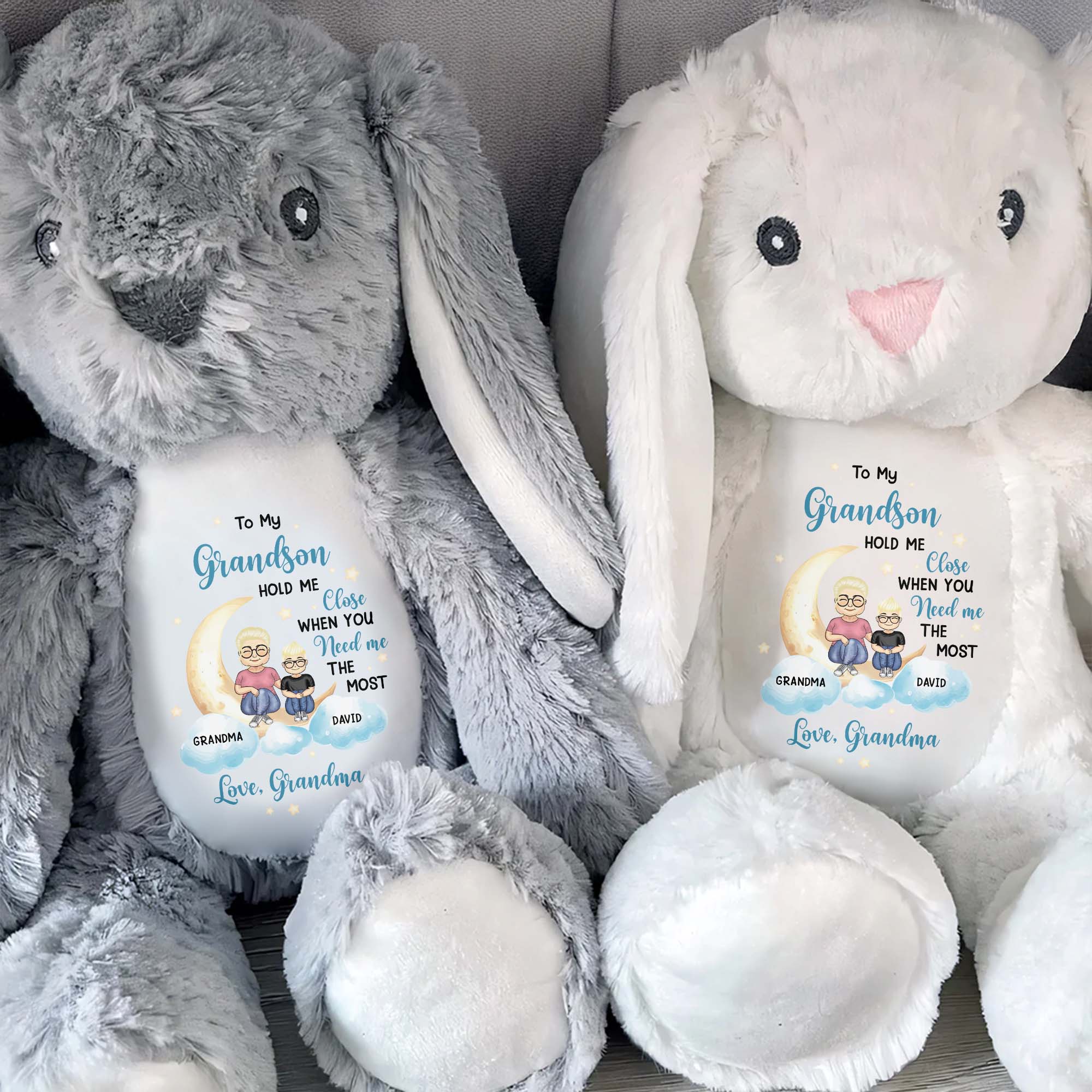 To My Grandson, Hold Me Close When You Need Me The Most, Bunny, Moon, and Stars - Personalized Stuffed Bunny - GSN037_BUN