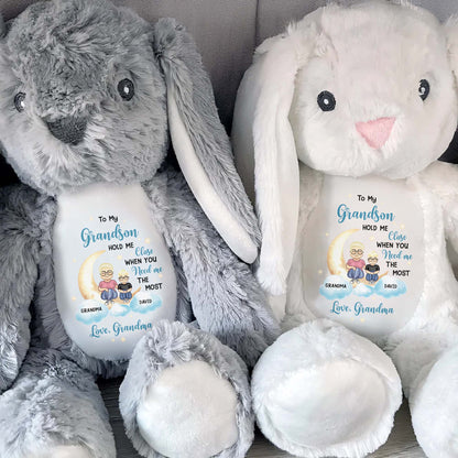 To My Grandson, Hold Me Close When You Need Me The Most, Bunny, Moon, and Stars - Personalized Stuffed Bunny - GSN037_BUN