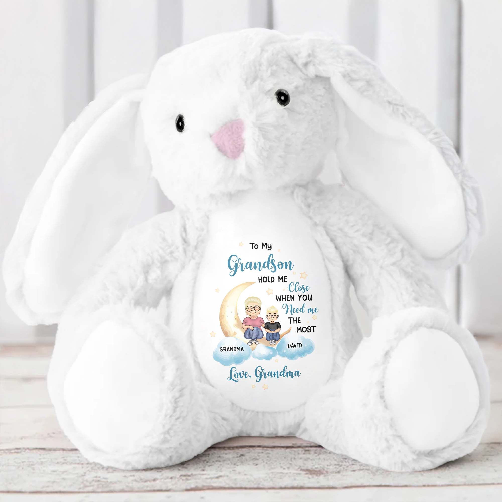 To My Grandson, Hold Me Close When You Need Me The Most, Bunny, Moon, and Stars - Personalized Stuffed Bunny - GSN037_BUN