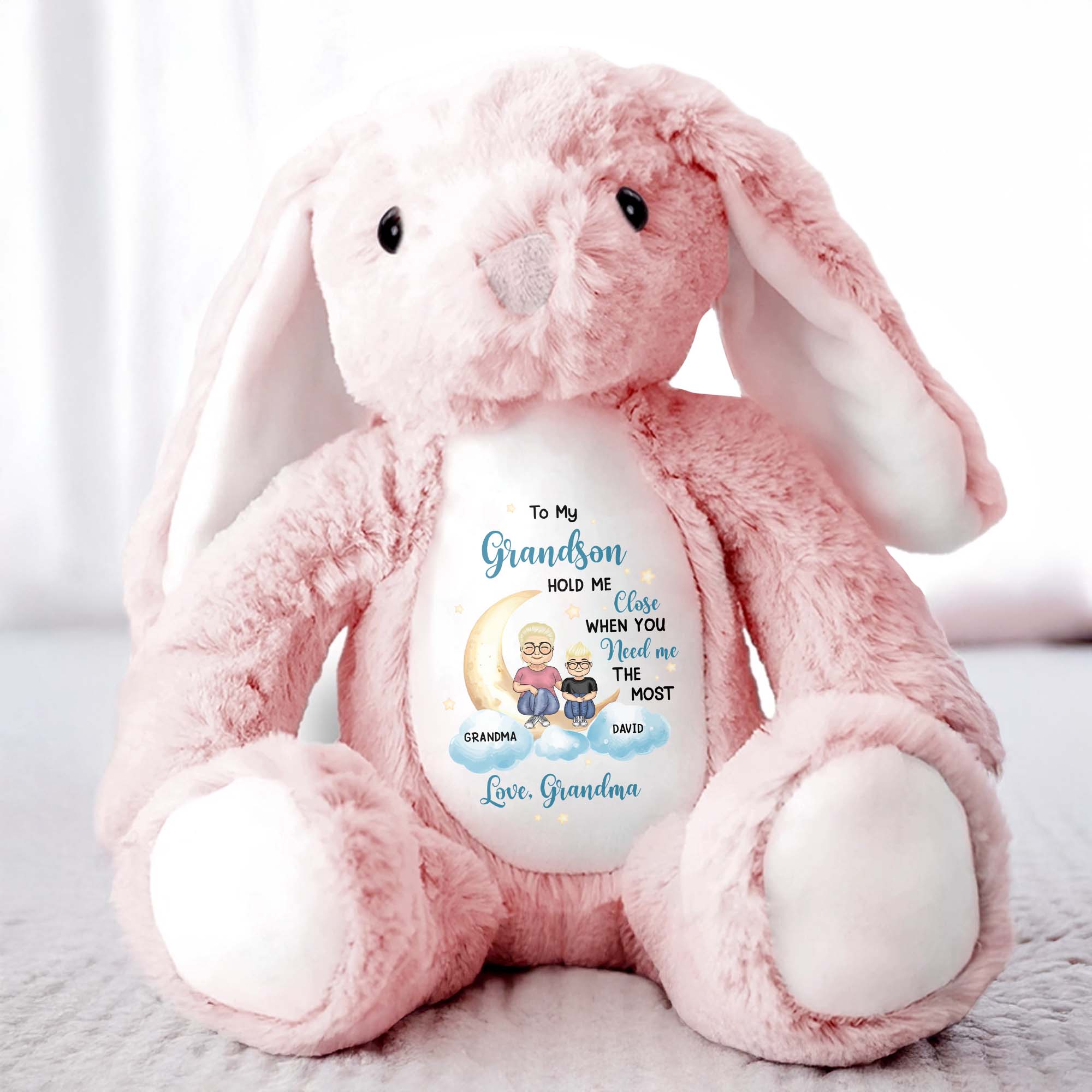 To My Grandson, Hold Me Close When You Need Me The Most, Bunny, Moon, and Stars - Personalized Stuffed Bunny - GSN037_BUN