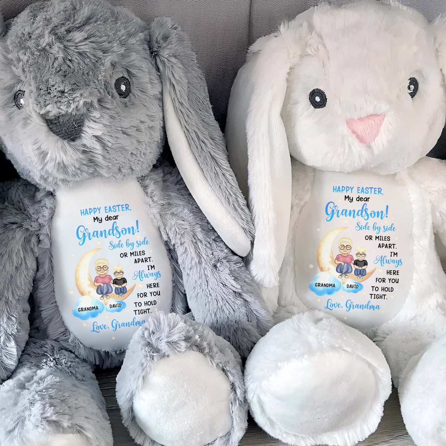 Happy Easter, My Dear Grandson, Side By Side Or Miles Apart, Bunny and Moon - Personalized Stuffed Bunny - GSN039_BUN