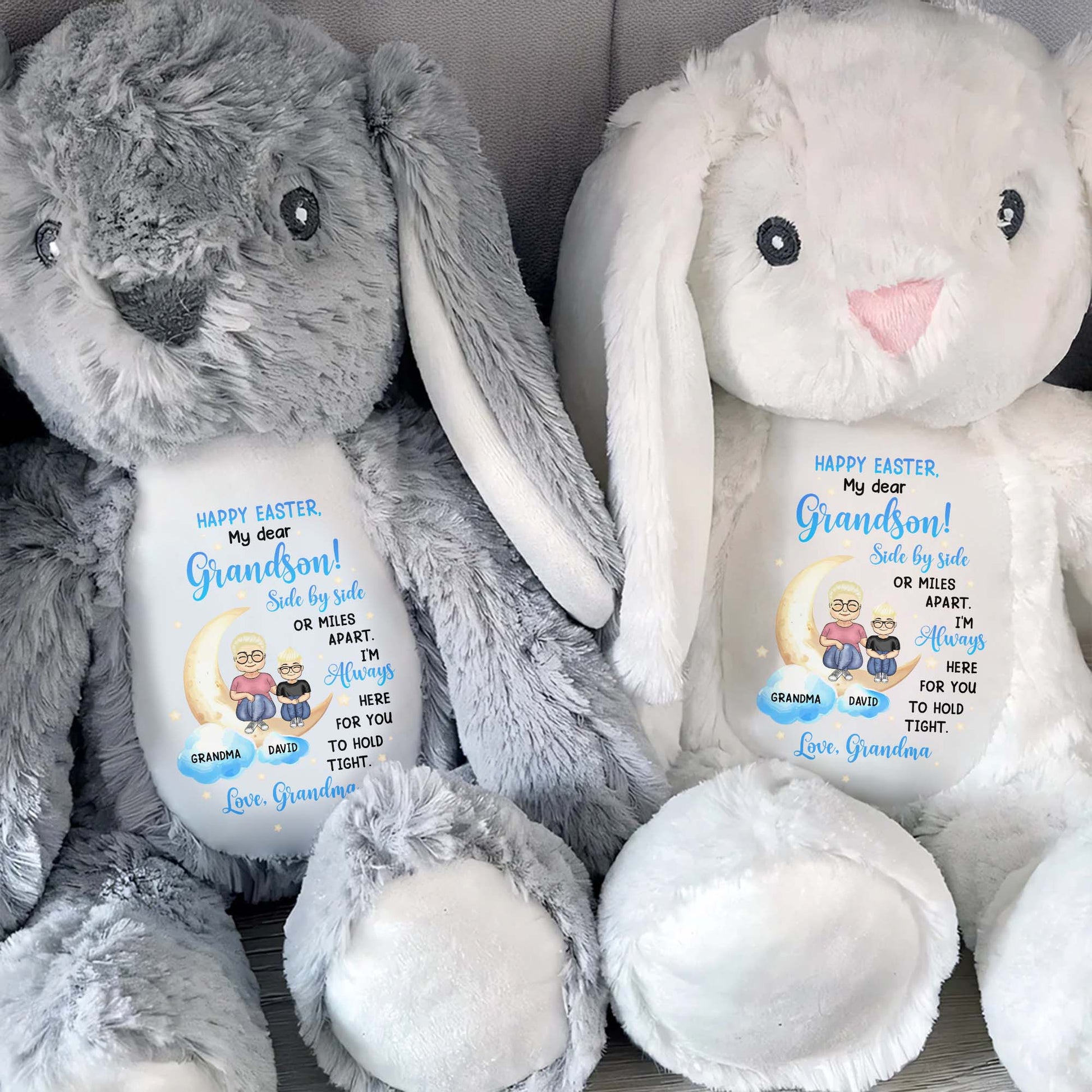 Happy Easter, My Dear Grandson, Side By Side Or Miles Apart, Bunny and Moon - Personalized Stuffed Bunny - GSN039_BUN
