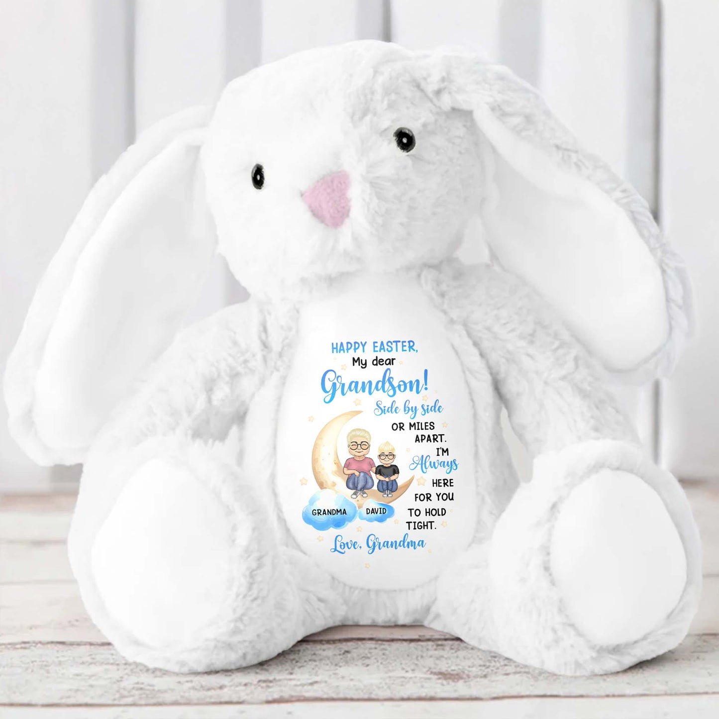 Happy Easter, My Dear Grandson, Side By Side Or Miles Apart, Bunny and Moon - Personalized Stuffed Bunny - GSN039_BUN