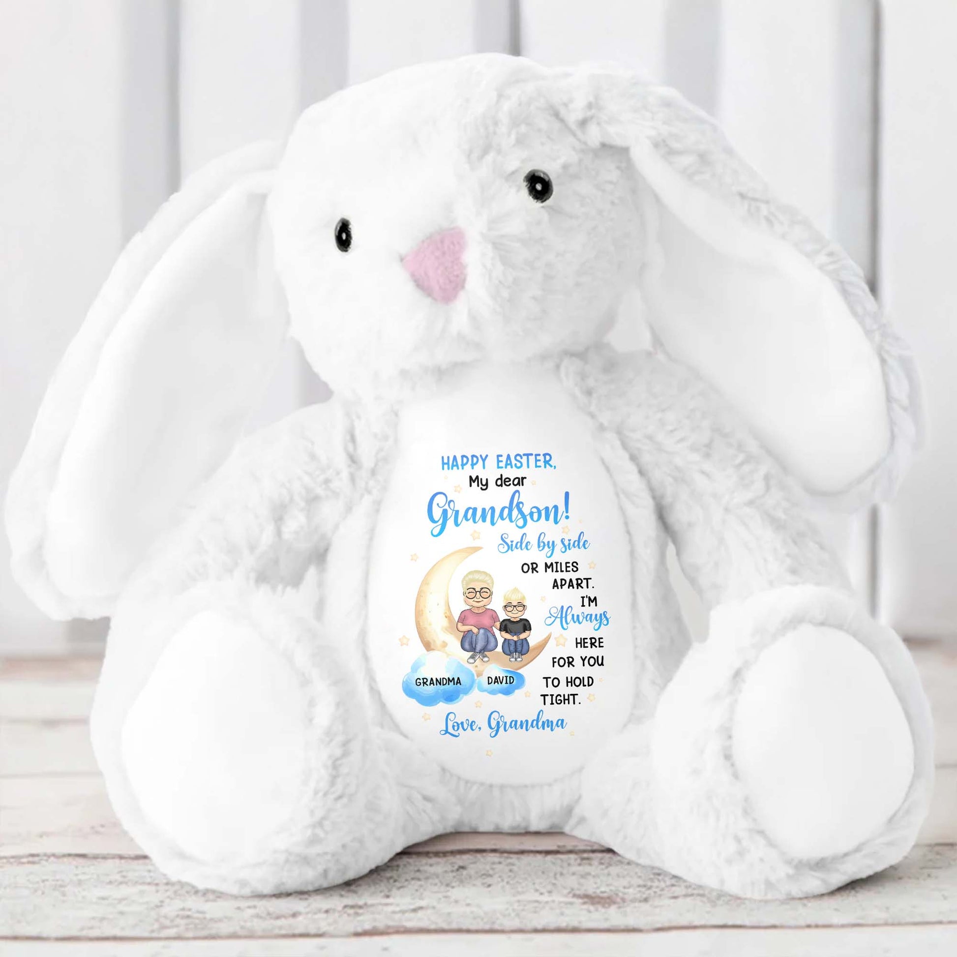 Happy Easter, My Dear Grandson, Side By Side Or Miles Apart, Bunny and Moon - Personalized Stuffed Bunny - GSN039_BUN