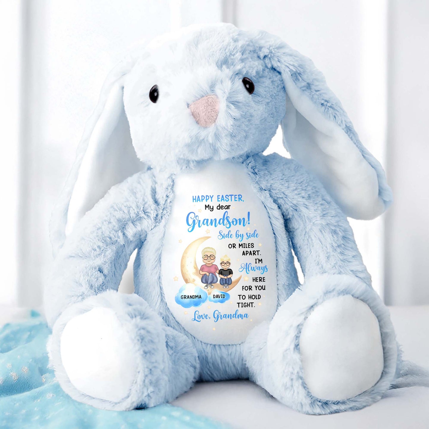 Happy Easter, My Dear Grandson, Side By Side Or Miles Apart, Bunny and Moon - Personalized Stuffed Bunny - GSN039_BUN