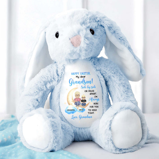 Happy Easter, My Dear Grandson, Side By Side Or Miles Apart, Bunny and Moon - Personalized Stuffed Bunny - GSN039_BUN
