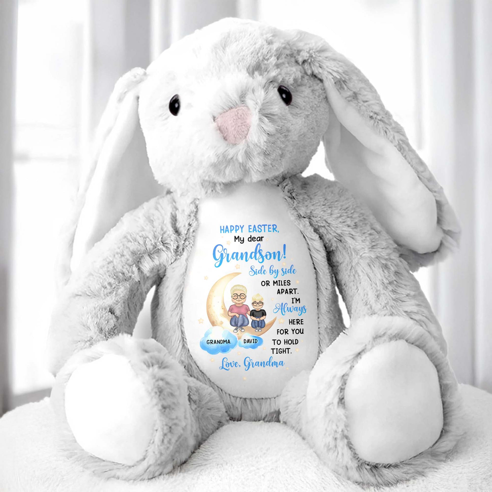 Happy Easter, My Dear Grandson, Side By Side Or Miles Apart, Bunny and Moon - Personalized Stuffed Bunny - GSN039_BUN