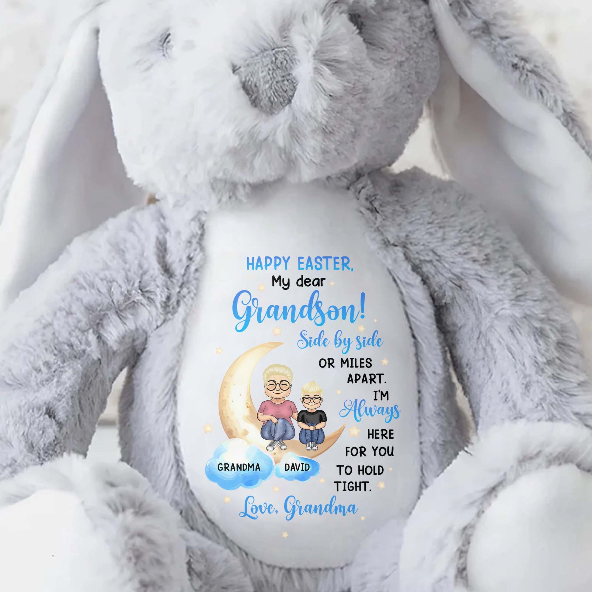 Happy Easter, My Dear Grandson, Side By Side Or Miles Apart, Bunny and Moon - Personalized Stuffed Bunny - GSN039_BUN