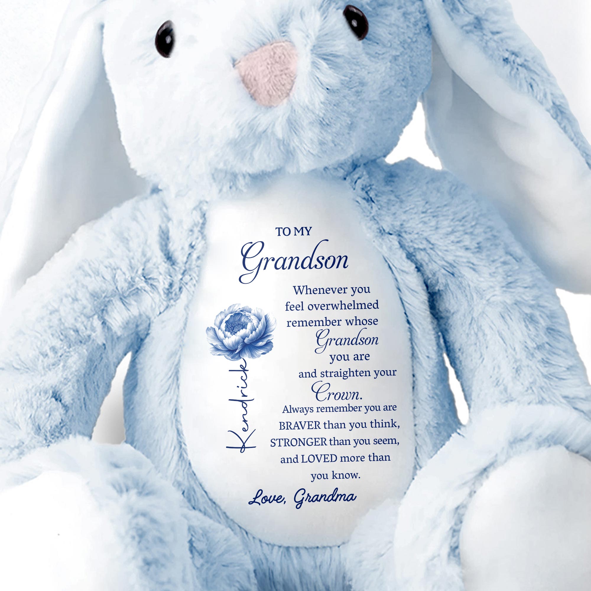 To My Grandson, Remember Your Strength Crown And Flower - Personalized Stuffed Bunny - GSN063_BUN