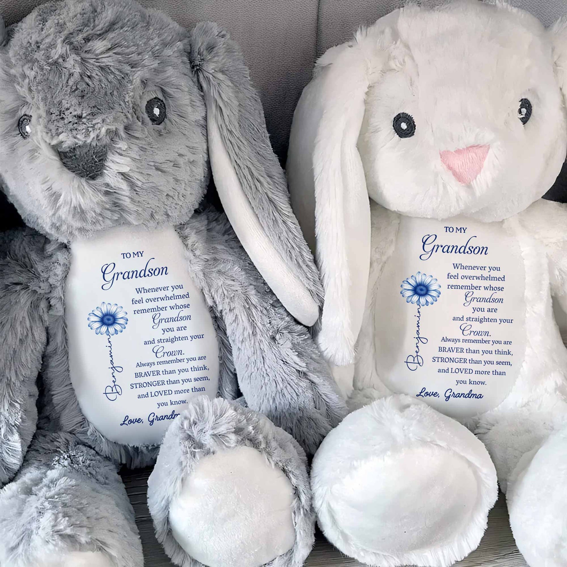 To My Grandson, Remember Your Strength Crown And Flower - Personalized Stuffed Bunny - GSN063_BUN