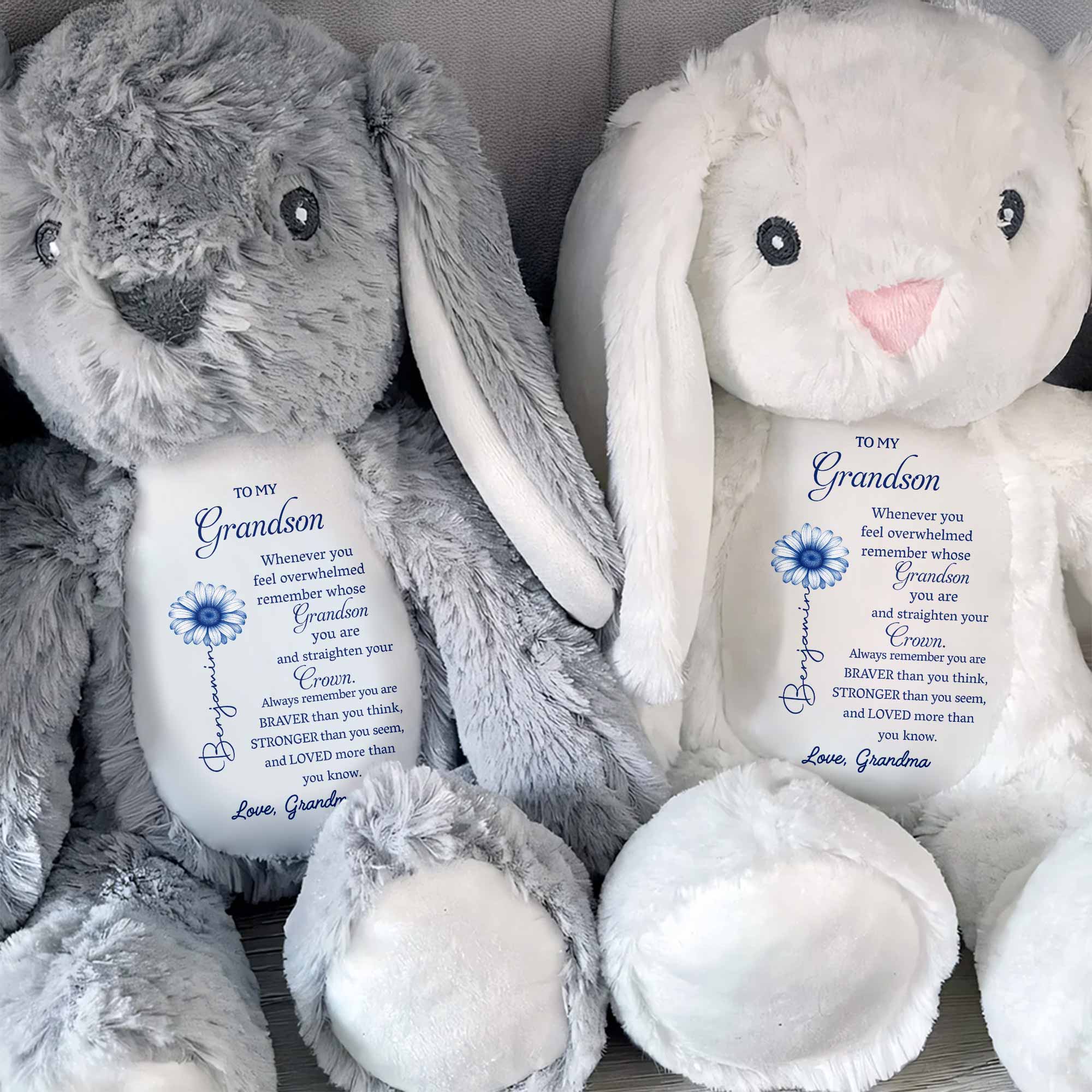 To My Grandson, Remember Your Strength Crown And Flower - Personalized Stuffed Bunny - GSN063_BUN