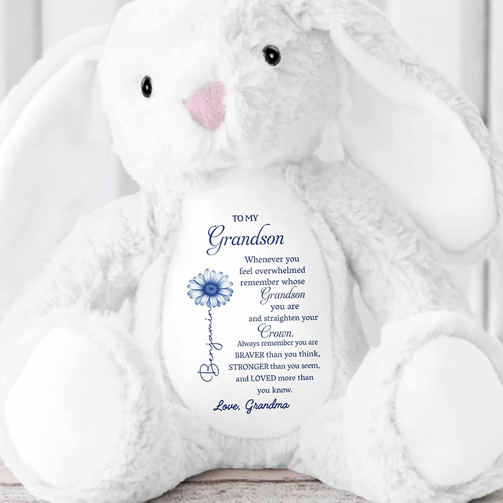 To My Grandson, Remember Your Strength Crown And Flower - Personalized Stuffed Bunny - GSN063_BUN