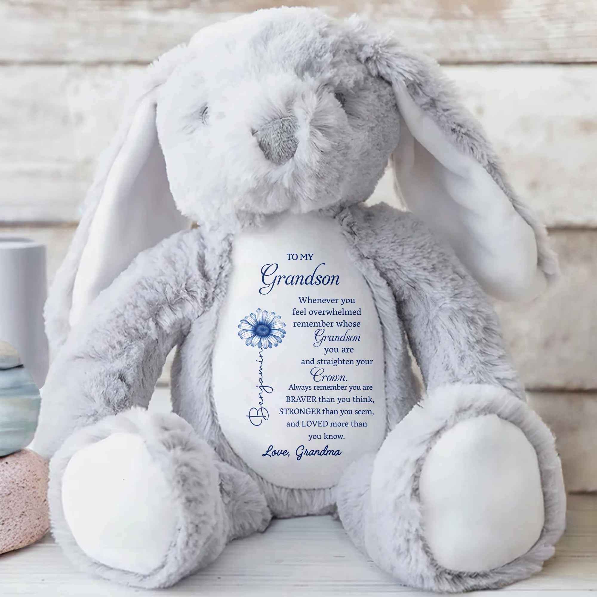 To My Grandson, Remember Your Strength Crown And Flower - Personalized Stuffed Bunny - GSN063_BUN