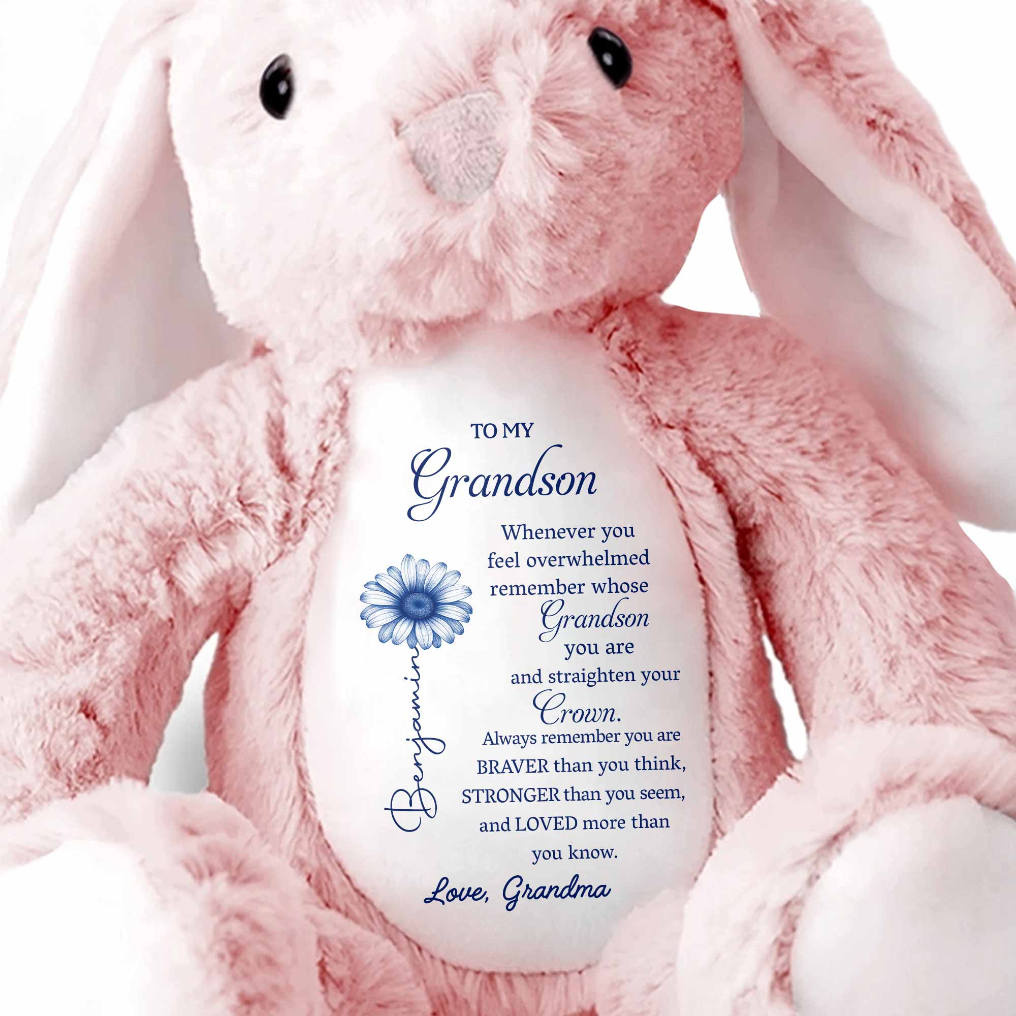 To My Grandson, Remember Your Strength Crown And Flower - Personalized Stuffed Bunny - GSN063_BUN