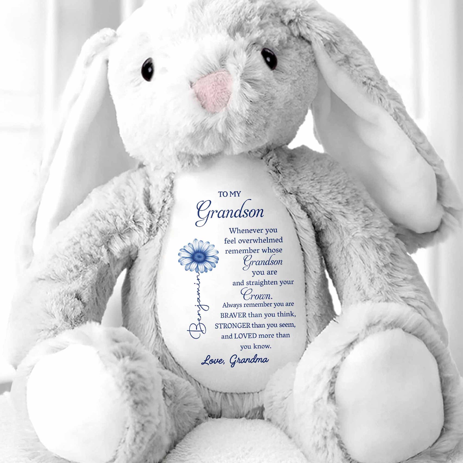 To My Grandson, Remember Your Strength Crown And Flower - Personalized Stuffed Bunny - GSN063_BUN