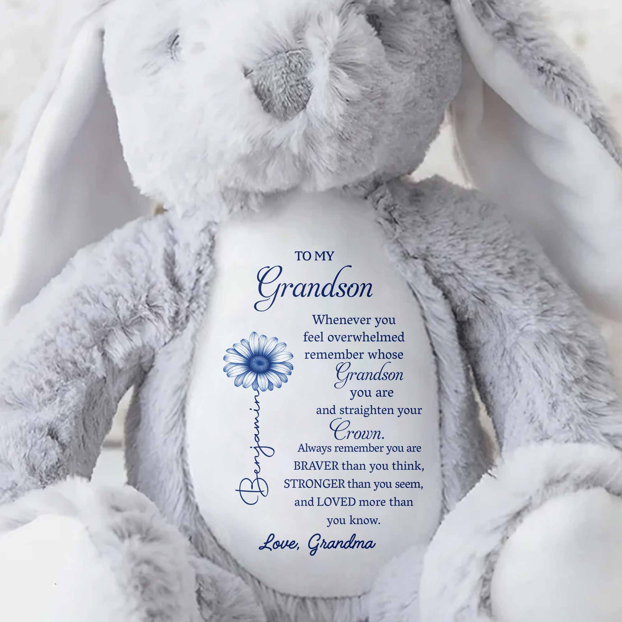 To My Grandson, Remember Your Strength Crown And Flower - Personalized Stuffed Bunny - GSN063_BUN