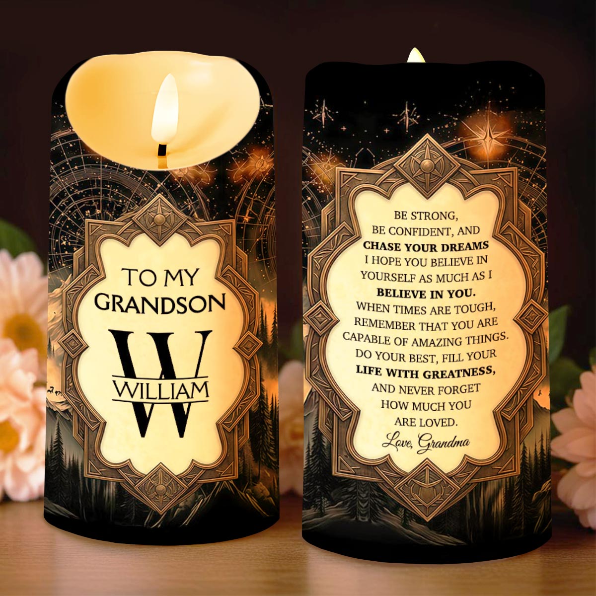 To My Grandson Be Strong And Chase Your Dreams Monogram Mountain - Personalized Custom LED Candle - GSN067_LECA