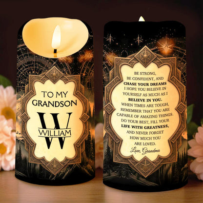 To My Grandson Be Strong And Chase Your Dreams Monogram Mountain - Personalized Custom LED Candle - GSN067_LECA