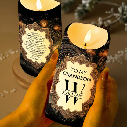 To My Grandson Be Strong And Chase Your Dreams Monogram Mountain - Personalized Custom LED Candle - GSN067_LECA