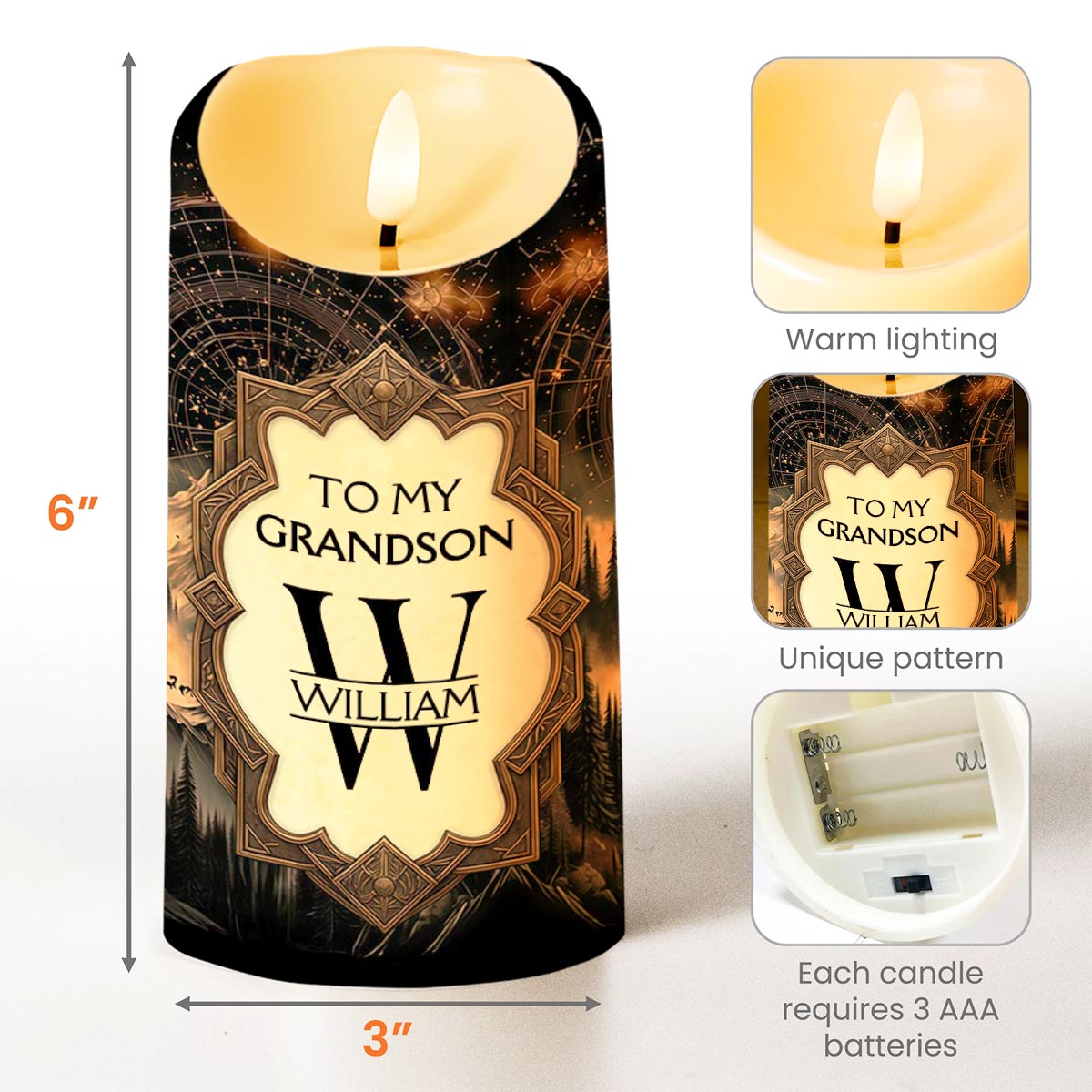 To My Grandson Be Strong And Chase Your Dreams Monogram Mountain - Personalized Custom LED Candle - GSN067_LECA