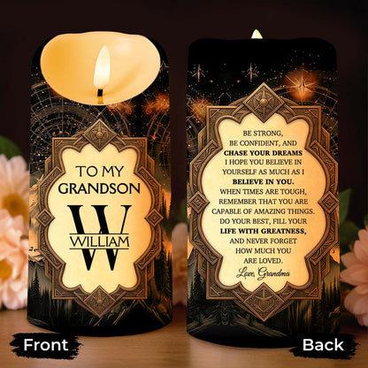 To My Grandson Be Strong And Chase Your Dreams Monogram Mountain - Personalized Custom LED Candle - GSN067_LECA