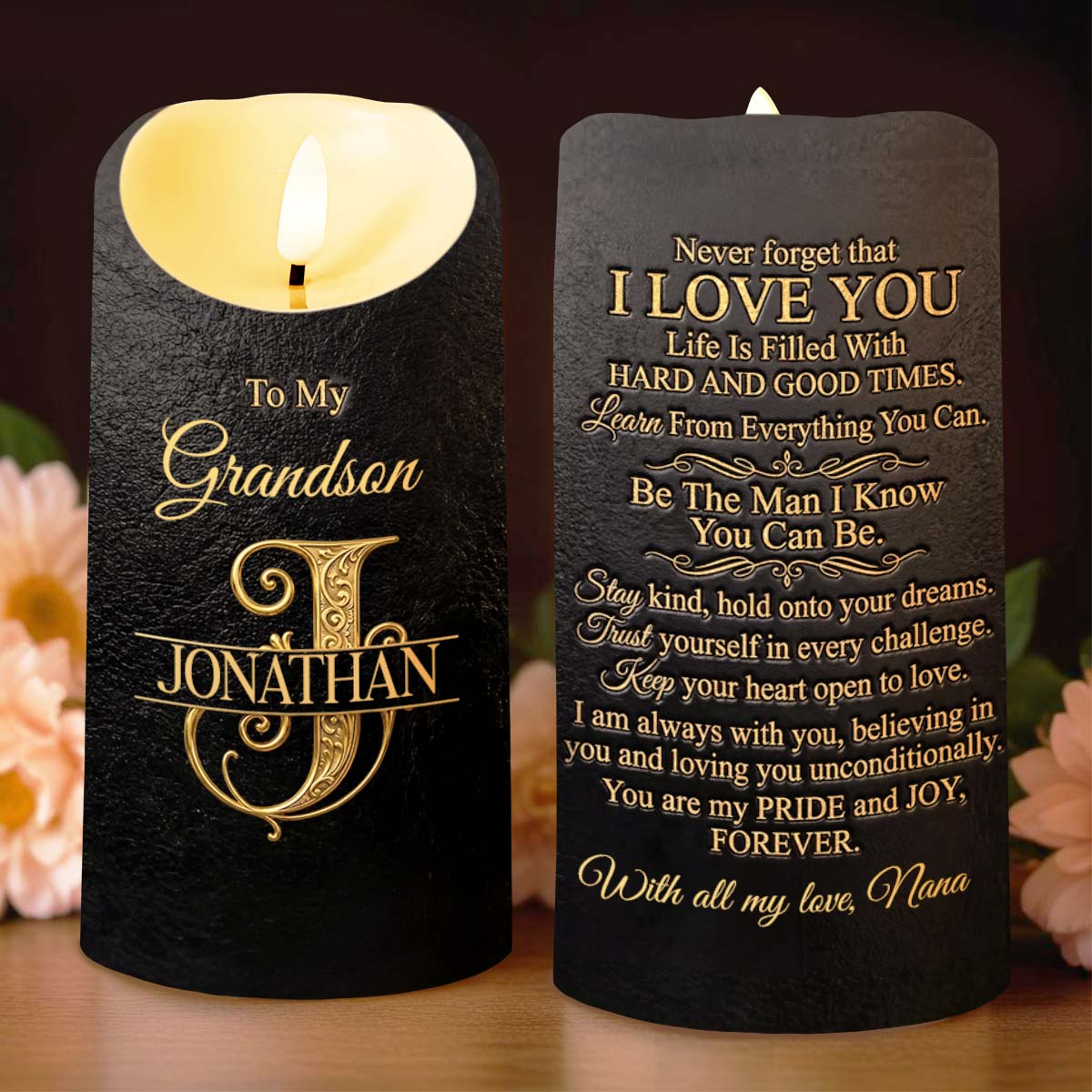 To My Grandson Never Forget That I Love You Monogram Initial - Personalized Custom LED Candle - GSN070_LECA