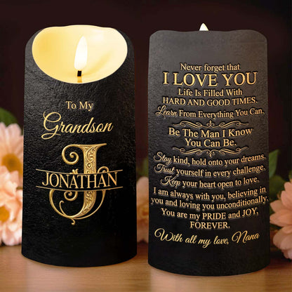 To My Grandson Never Forget That I Love You Monogram Initial - Personalized Custom LED Candle - GSN070_LECA