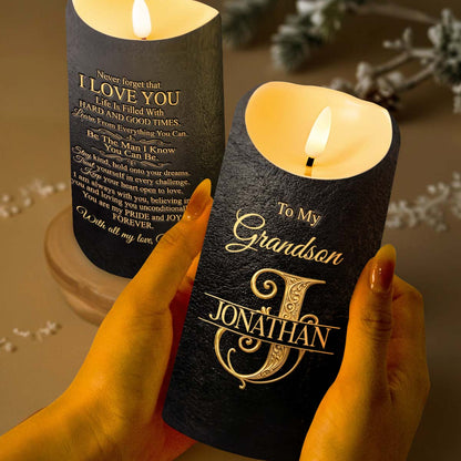 To My Grandson Never Forget That I Love You Monogram Initial - Personalized Custom LED Candle - GSN070_LECA