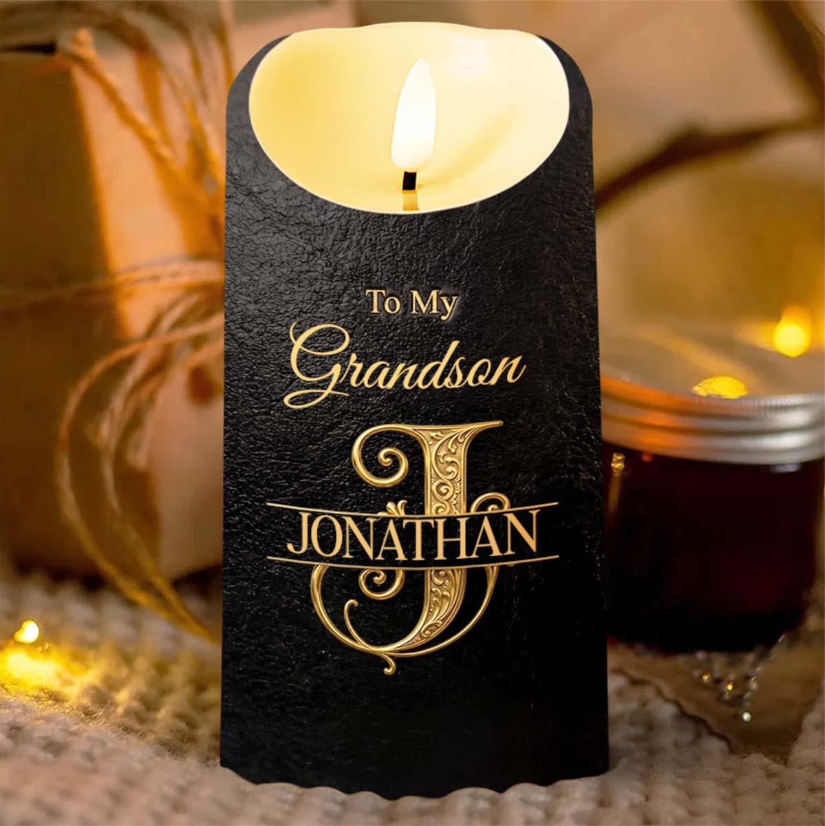 To My Grandson Never Forget That I Love You Monogram Initial - Personalized Custom LED Candle - GSN070_LECA