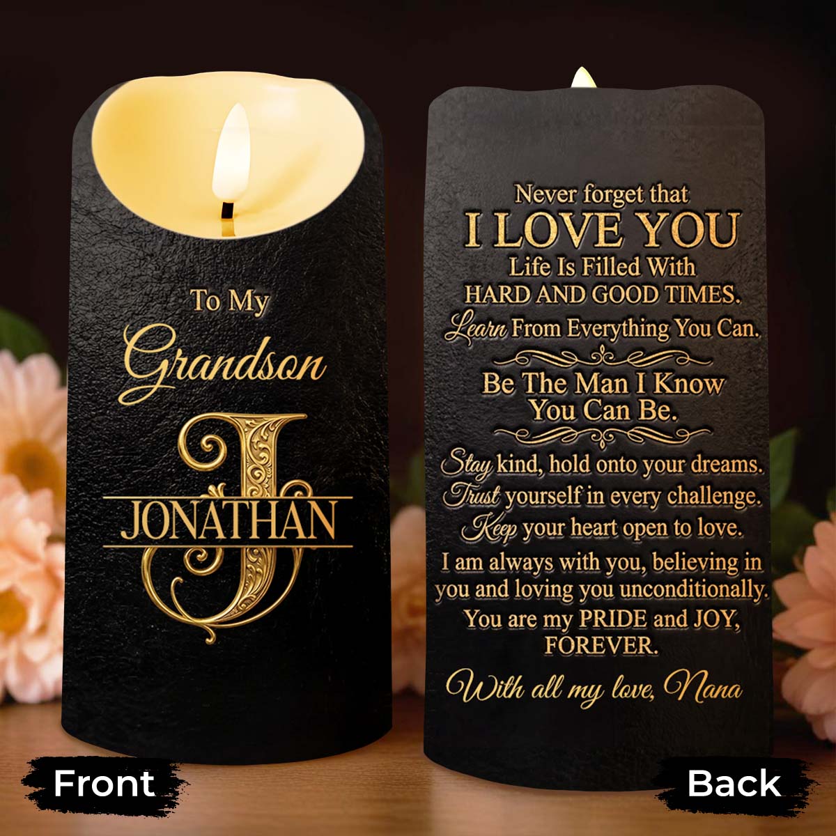 To My Grandson Never Forget That I Love You Monogram Initial - Personalized Custom LED Candle - GSN070_LECA
