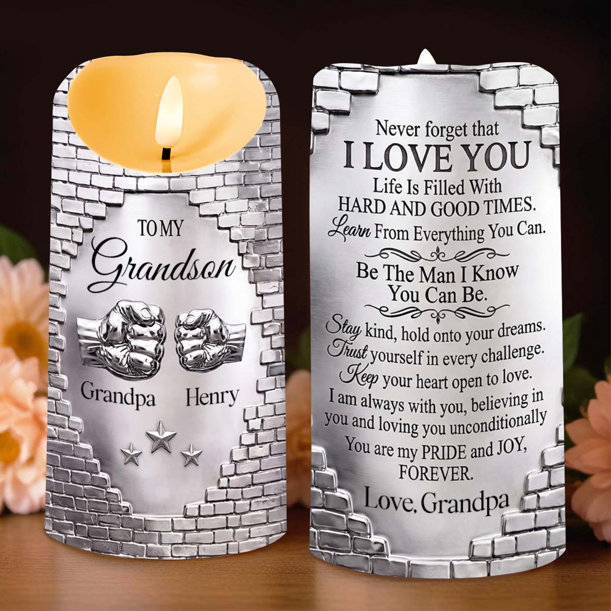 To My Grandson Never Forget That I Love You Fist Bump - Personalized Custom LED Candle - GSN078_LECA
