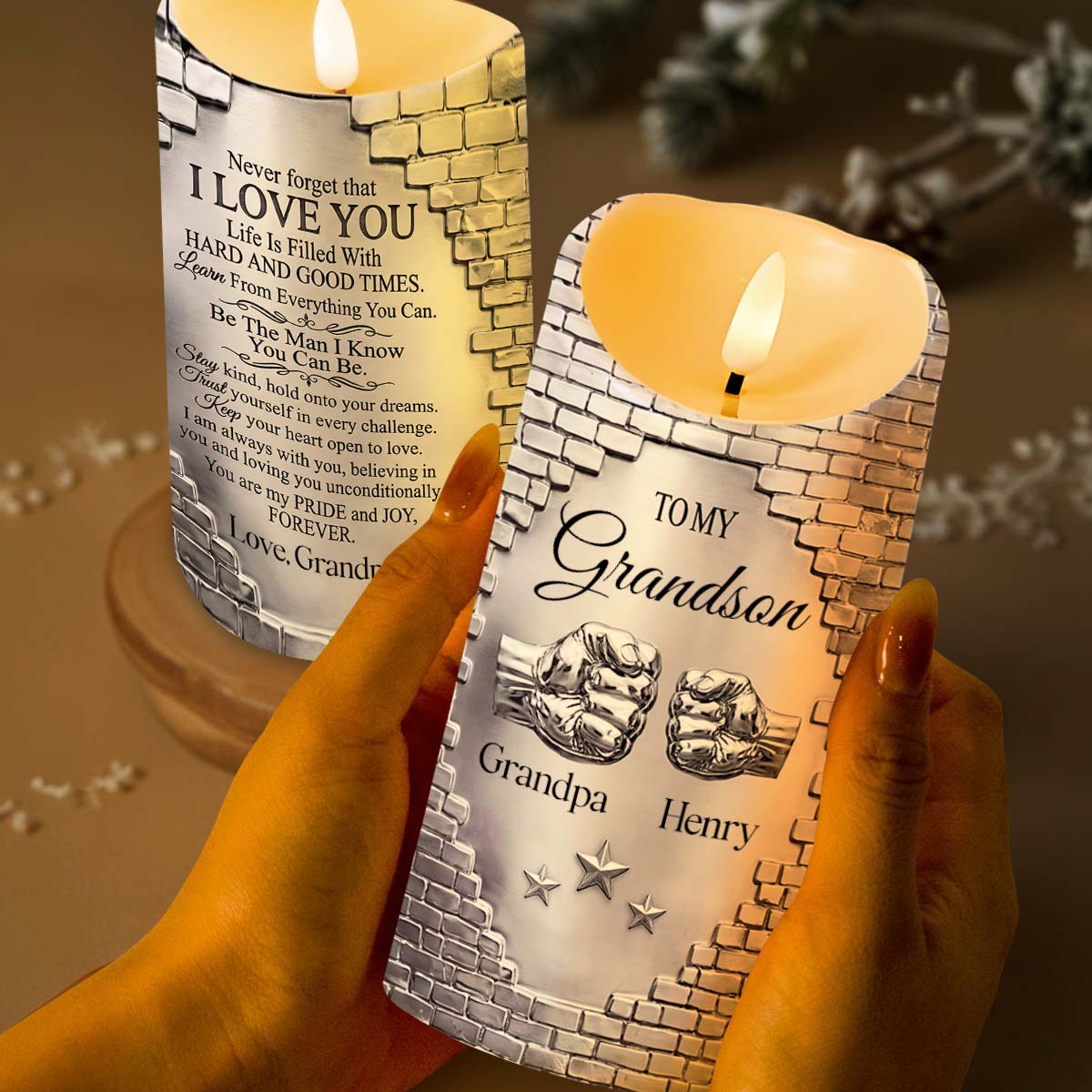 To My Grandson Never Forget That I Love You Fist Bump - Personalized Custom LED Candle - GSN078_LECA