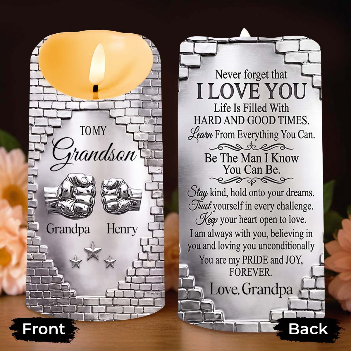 To My Grandson Never Forget That I Love You Fist Bump - Personalized Custom LED Candle - GSN078_LECA