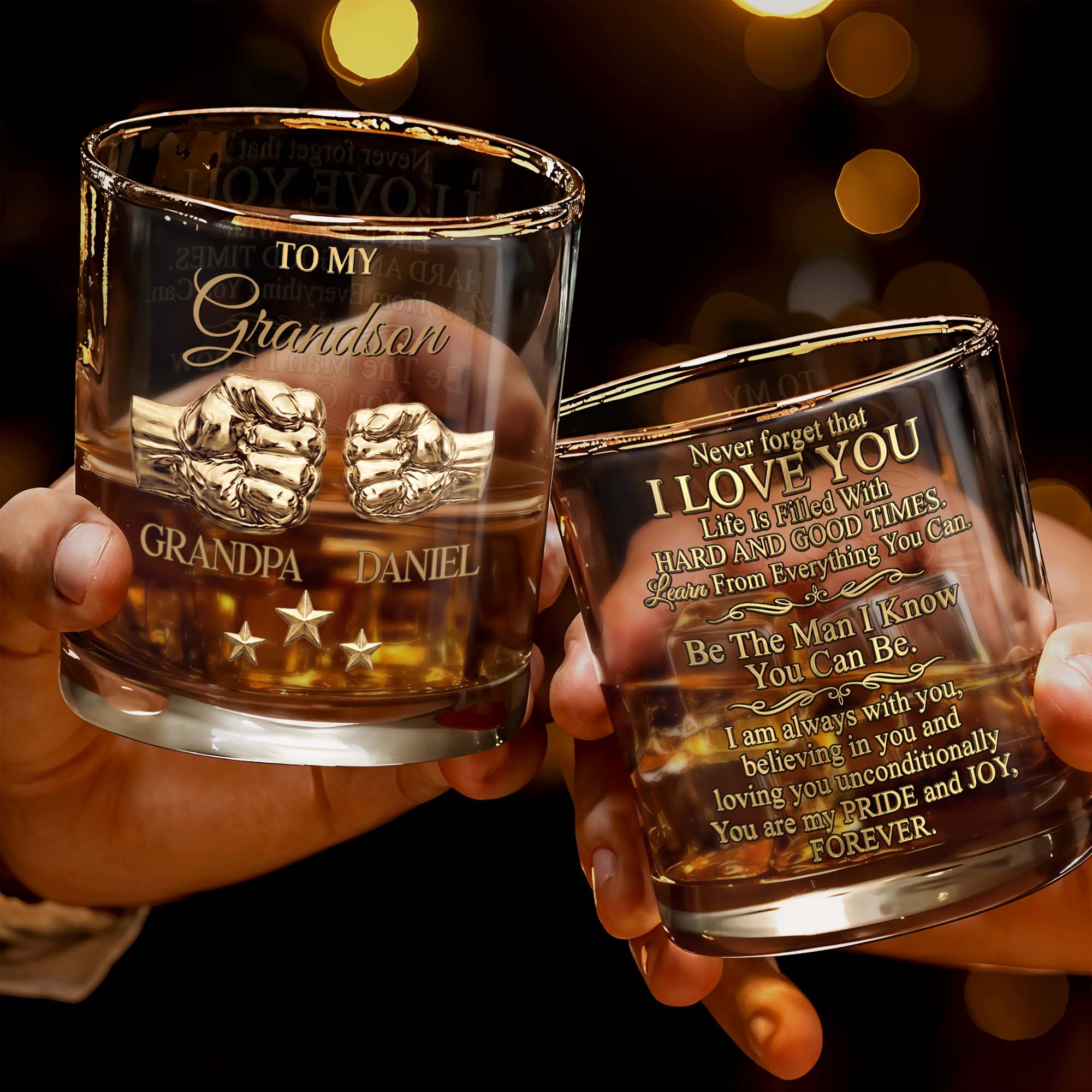 To My Grandson Personalized Fist Bump And Metallic Stars - Personalized Custom Whiskey Glass - GSN078_RWG