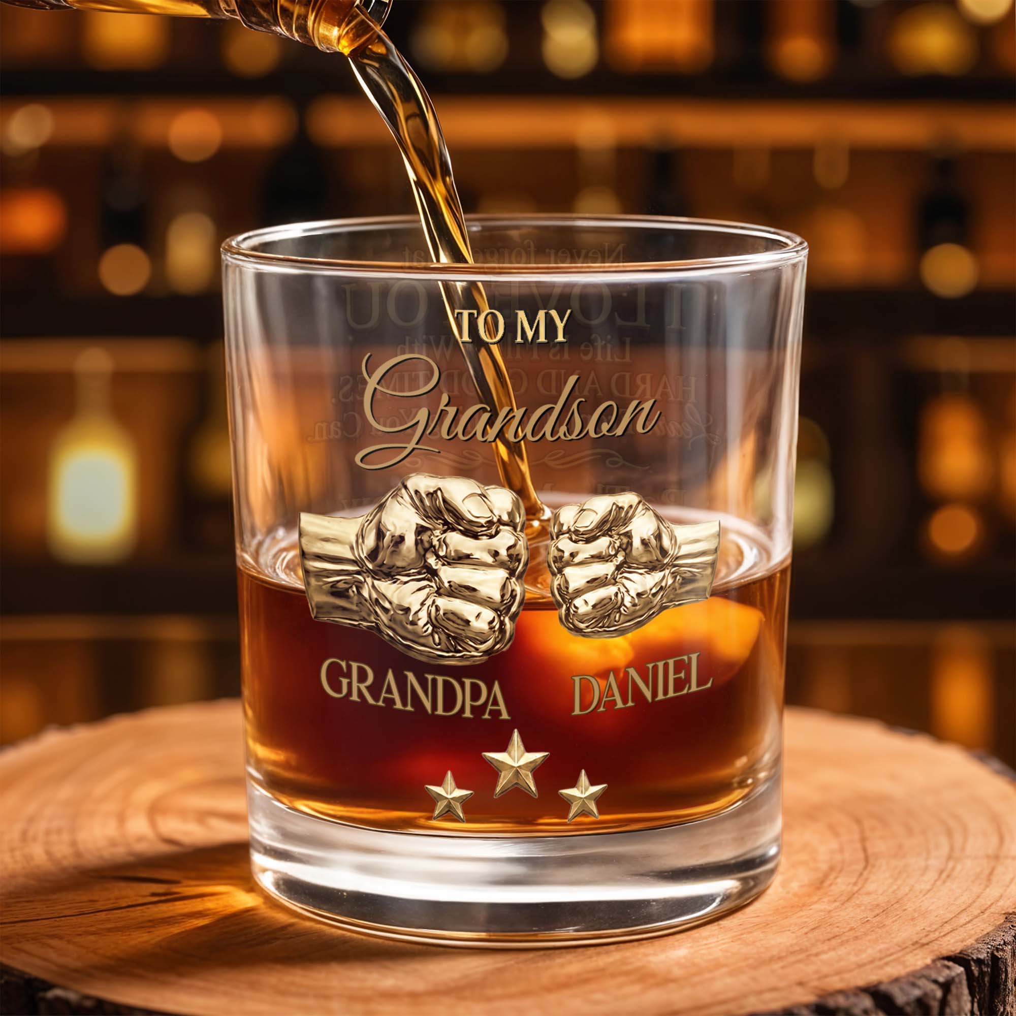 To My Grandson Personalized Fist Bump And Metallic Stars - Personalized Custom Whiskey Glass - GSN078_RWG