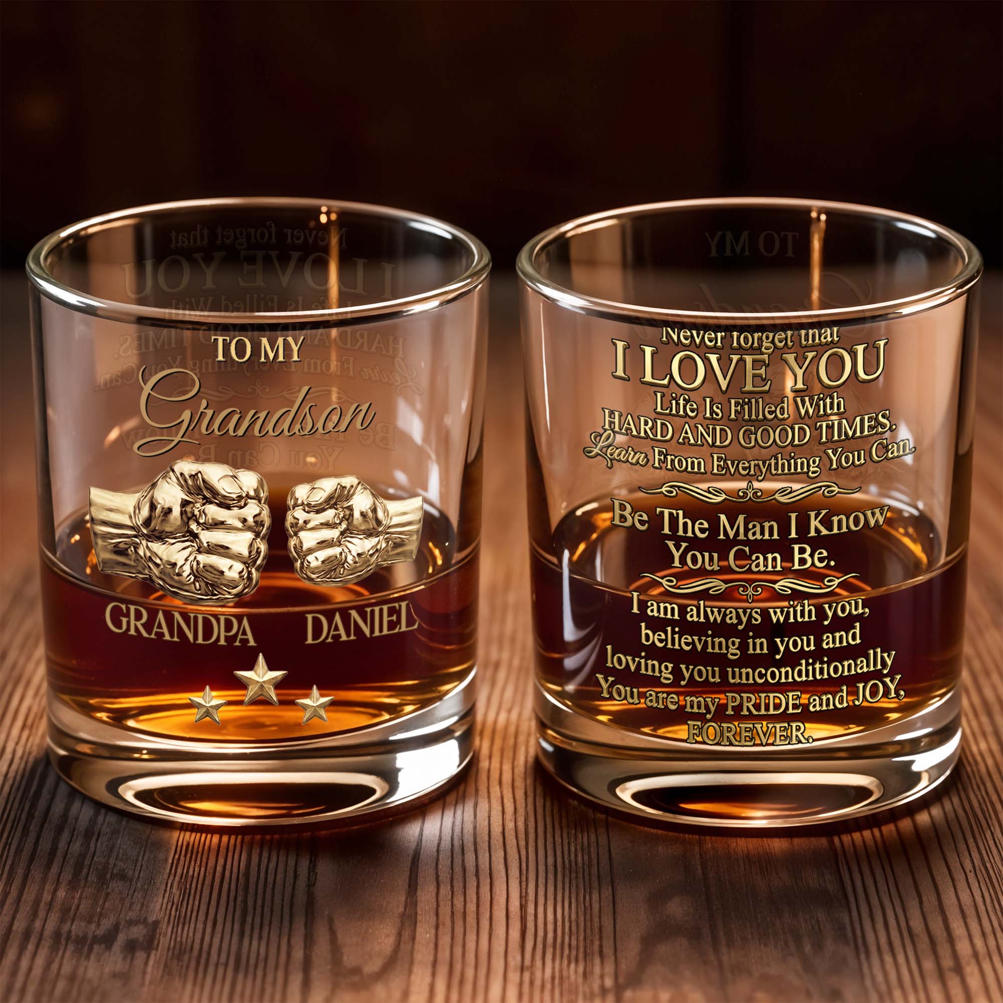 To My Grandson Personalized Fist Bump And Metallic Stars - Personalized Custom Whiskey Glass - GSN078_RWG