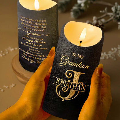 To My Grandson Always Remember You Are Capable Of Greatness Initial Custom - Personalized Custom LED Candle - GSN091_LECA