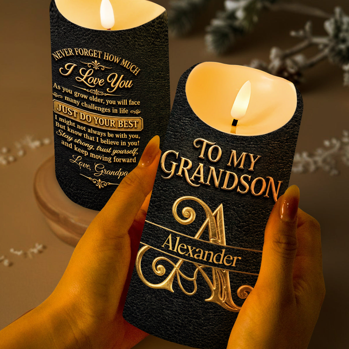 To My Grandson Never Forget How Much I Love You 3D Golden Alphabet Letters - Personalized Custom LED Candle - GSN092_LECA