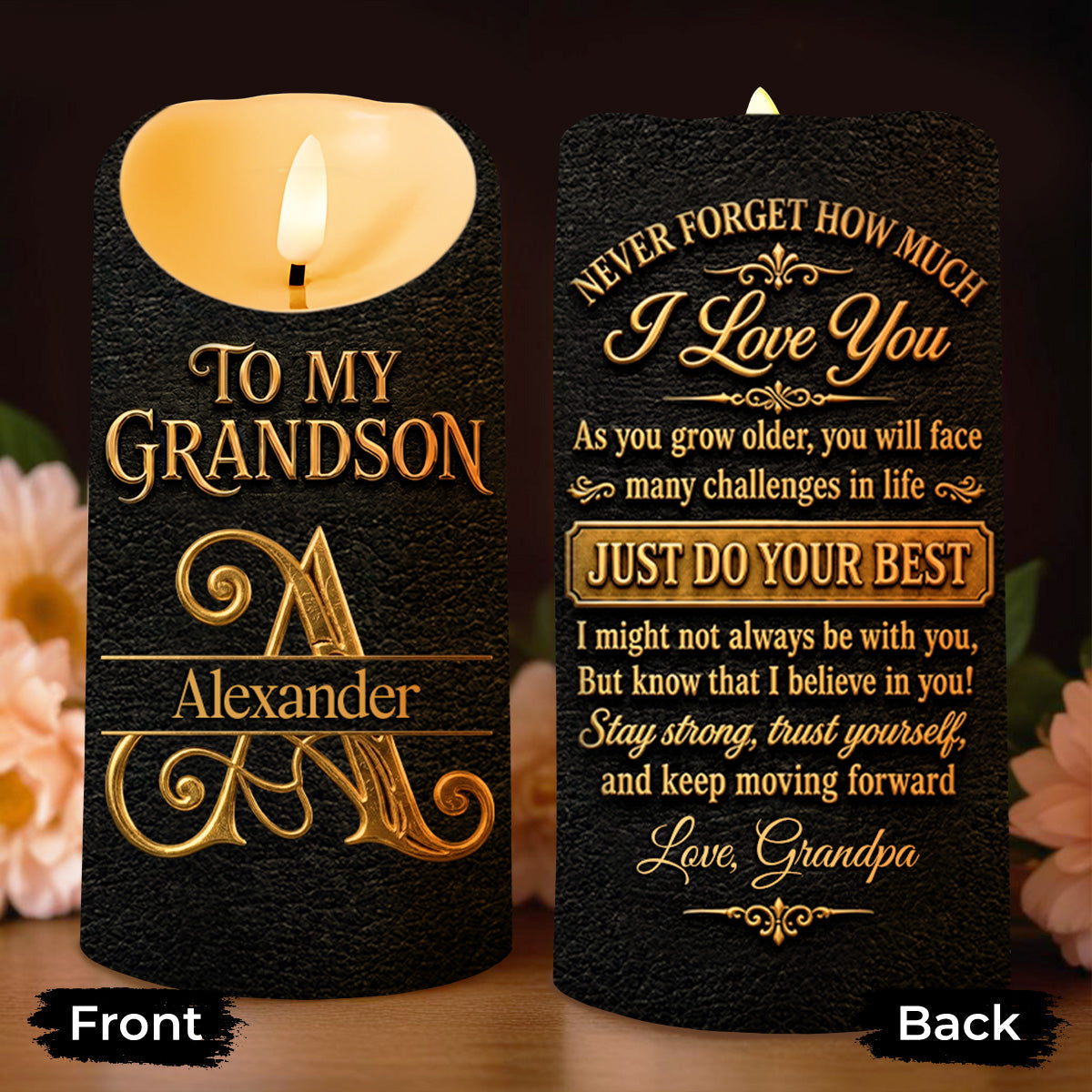 To My Grandson Never Forget How Much I Love You 3D Golden Alphabet Letters - Personalized Custom LED Candle - GSN092_LECA