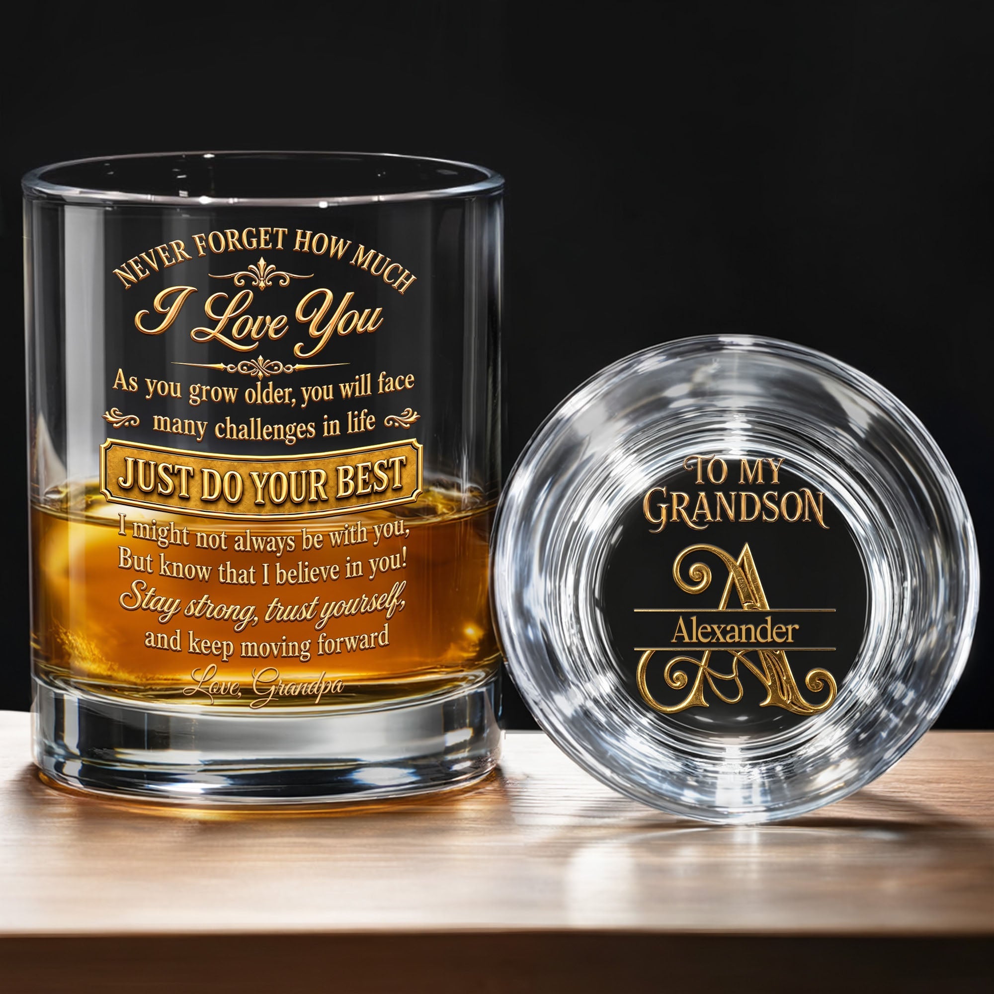 Never Forget How Much I Love You Grandson Initial Name Golden Design - Personalized Whiskey Glass - GSN092_PRIWI