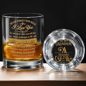 Never Forget How Much I Love You Grandson Initial Name Golden Design - Personalized Whiskey Glass - GSN092_PRIWI