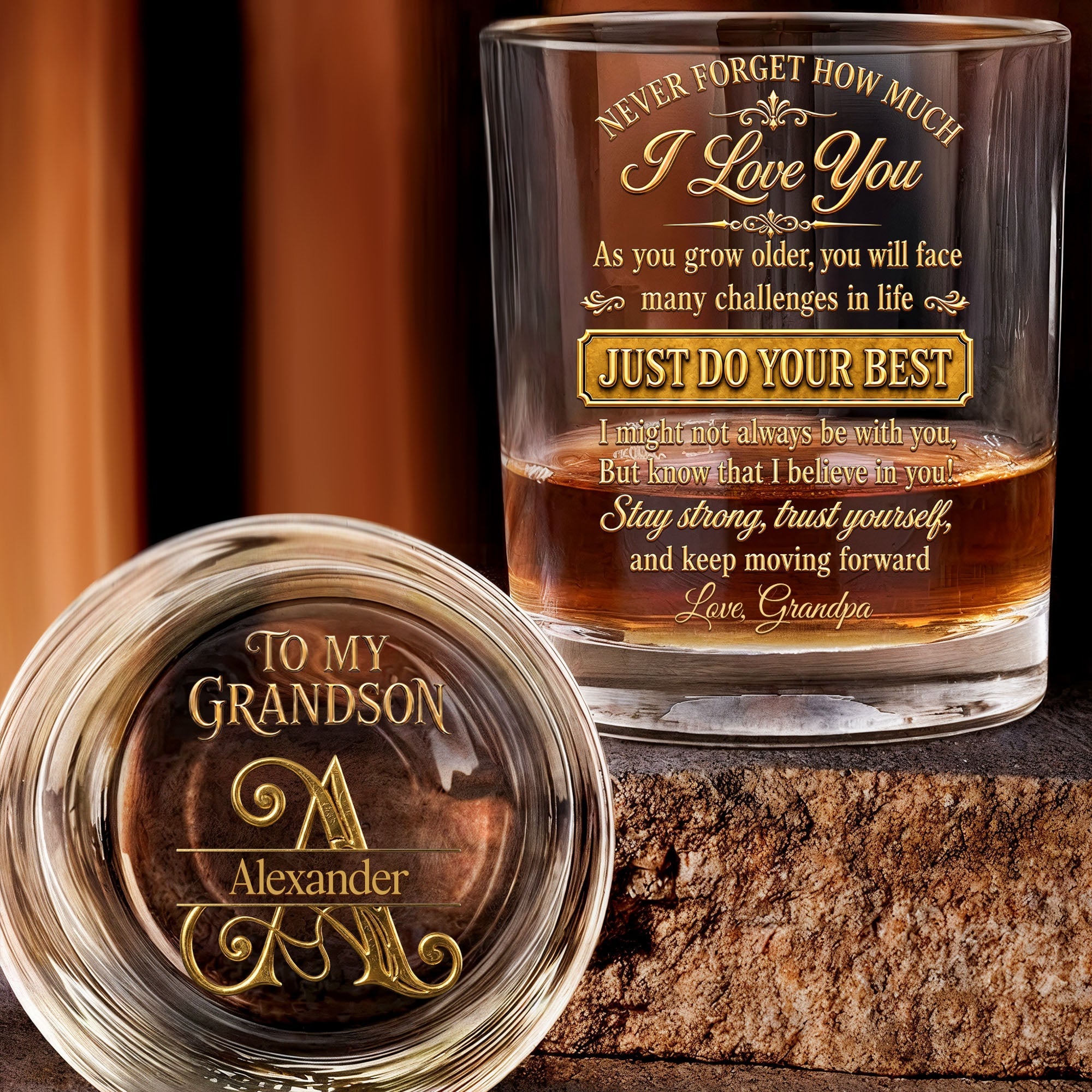 Never Forget How Much I Love You Grandson Initial Name Golden Design - Personalized Whiskey Glass - GSN092_PRIWI
