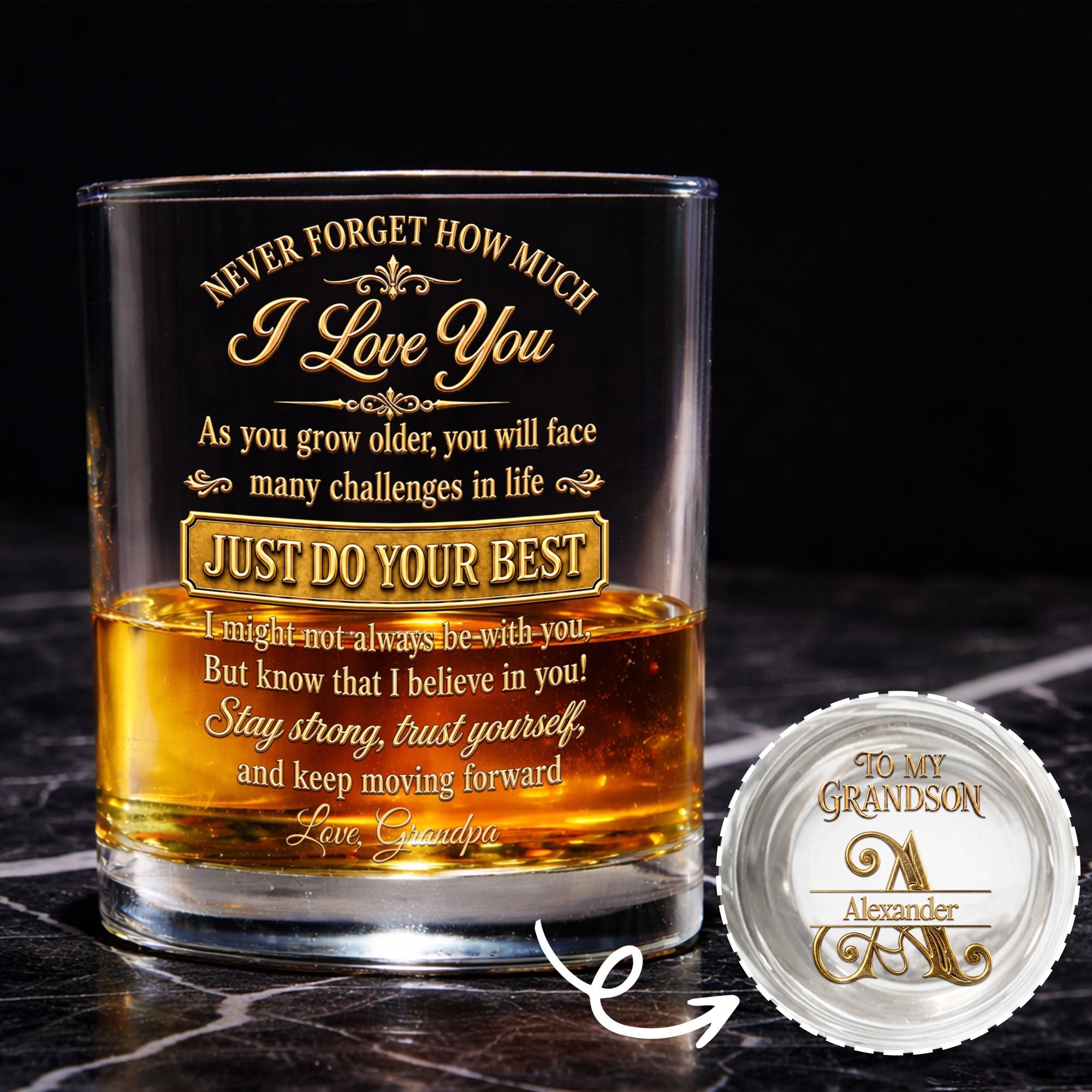 Never Forget How Much I Love You Grandson Initial Name Golden Design - Personalized Whiskey Glass - GSN092_PRIWI